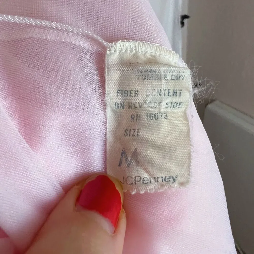 Vintage 1970s Sheer Pink Chiffon Night Gown Lace Details Coquette Size M - Picture 5 of 6